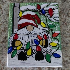 Festive Gnome Canvas Art with Holiday Lights 8x10